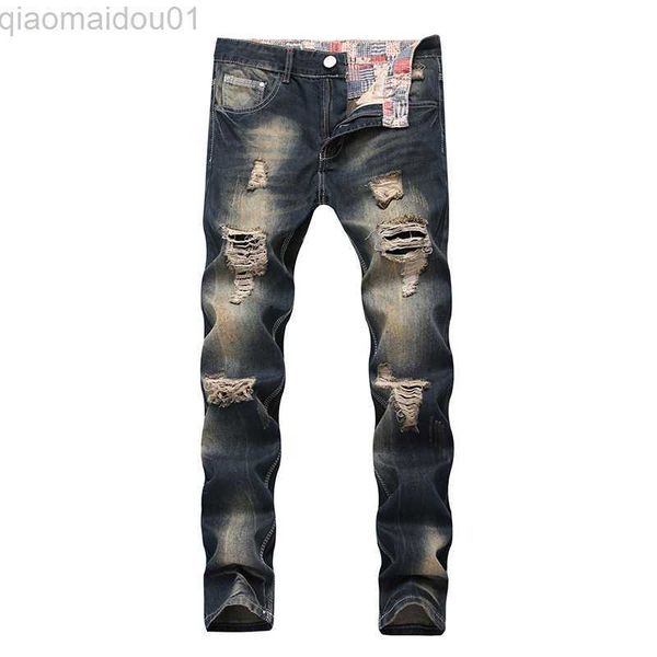 

men's jeans jeans men holes denim destroyed regular fit long pants scratched biker brand fashion dropshipping large size pants for man, Blue