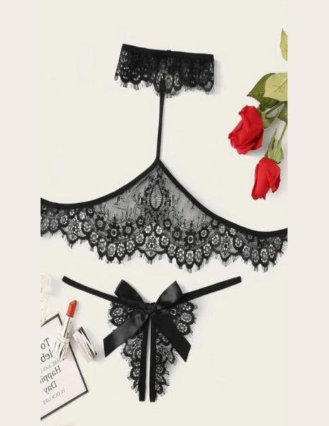 

summer new women039s ladies 2 pcs lingerie lace hollow out bra gstring babydoll nightwear exotic sets78144903750312, Black;white