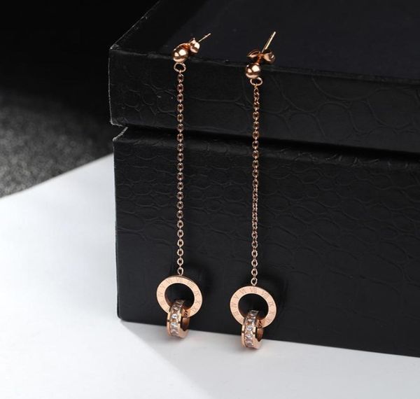 

yun ruo fashion double circle zircon tassel stud earring woman rose gold color titanium steel jewelry birthday gift not fade3230913, Golden;silver