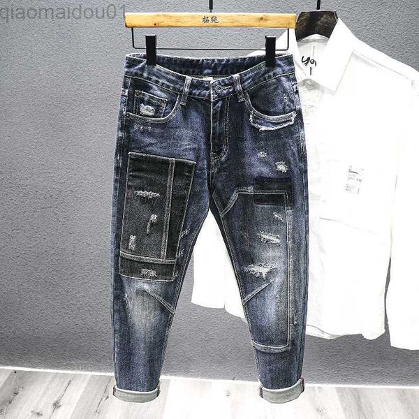 

men's jeans men's vintage harem jeans autumn new fashion patch dilapidated pants male hip hop street biker jeans denim trousers l2, Blue