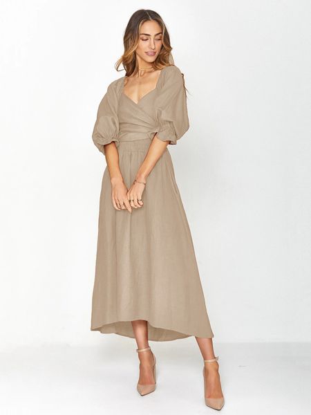 

dress for women short sleeve dresses womens clothing autumn tie rope belt ruffled lantern sleeve dress multi-wear elegant skirt midi dress r, Black;gray