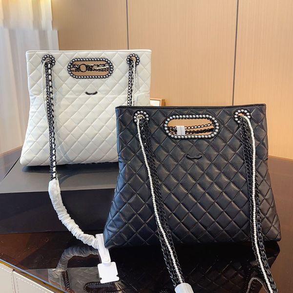 

23ss vintage women designer tote bag real leather black metal hardware multi pearl chains two-tone large capacity shoulder handbag luxury pu