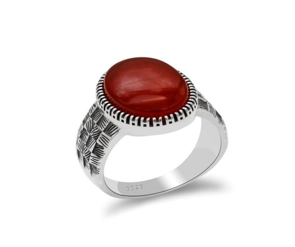 

turkey jewelry 925 sterling silver big natural redblack agate stone ring for men thai silver style finger ring male women6379883, Golden;silver