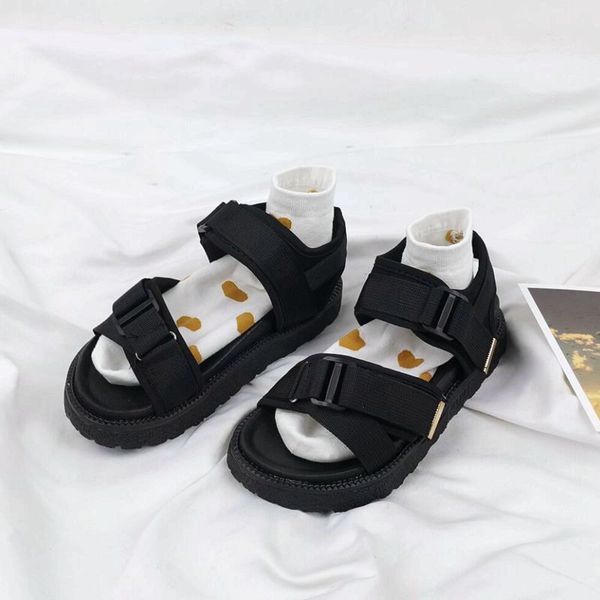 

hook and loop flat shoes women's new fashion trend summer sports wear beach women's shoes korean student sandals, Black