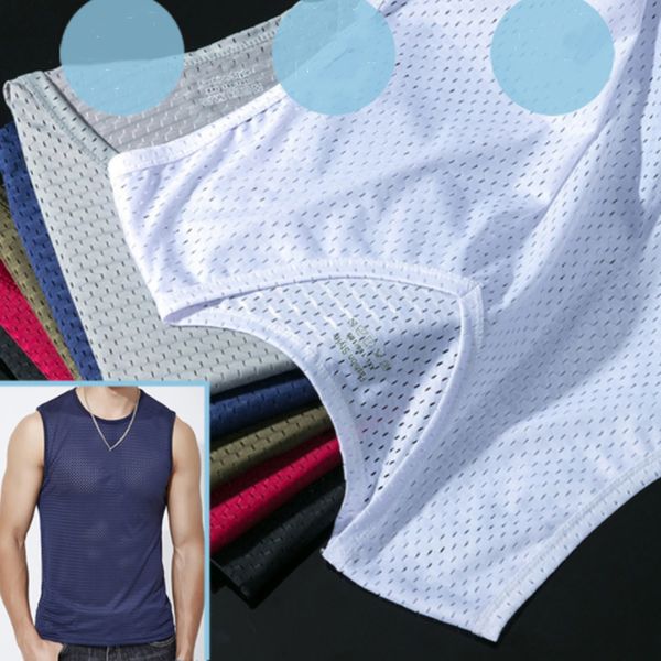 

men  tank men ice silk vest outer wear quick drying mesh hole breathable sleeveless t shirts 2023 summer cool beach travel tanks l230724, White;black