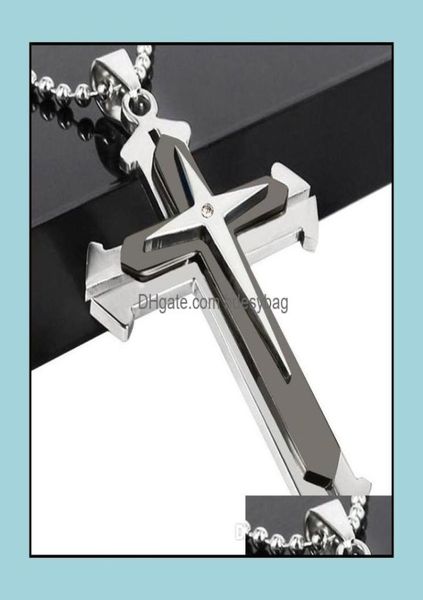 

european and american jewelry mens necklace threelayer cross pendant separate fork black blue drop delivery 2021 necklaces pendan9912169, Silver