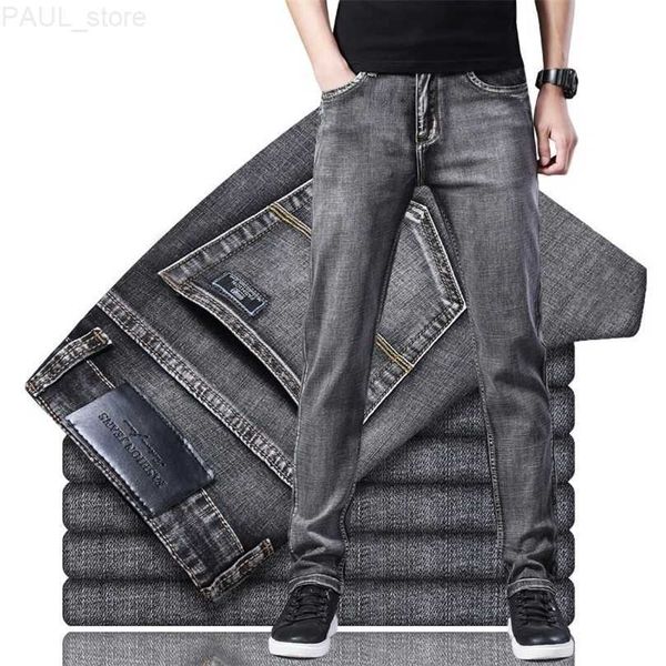 

men's men stretch regular fit jeans business casual classic style fashion denim trousers male black blue gray pants w220813 l230724