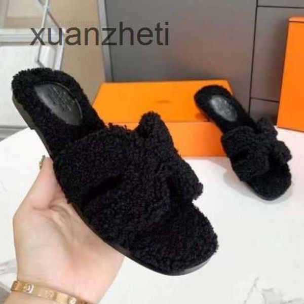

designer h slipper shoes wool women's slippers bear sandal teddy shoes oran straight line fluffy flat bottoms autumn winter versatile r