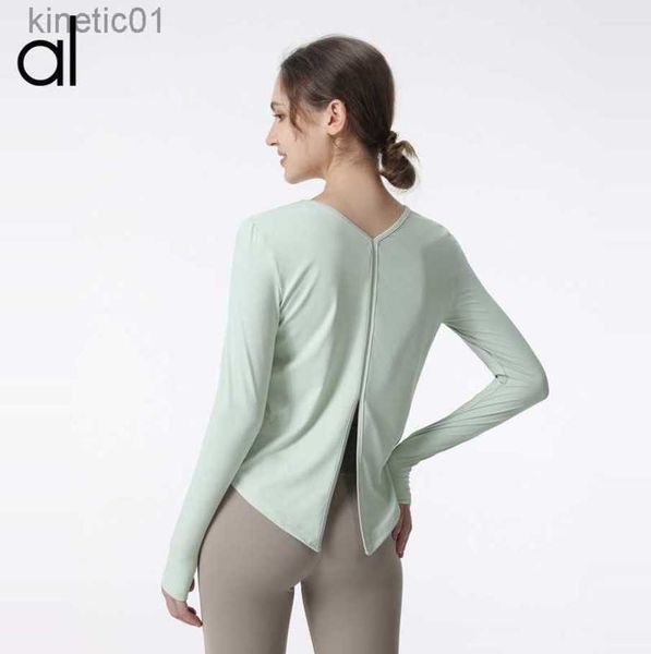 

2023 desginer alo yoga t shirt spring and summer split loose long-sleeved women's solid cloud quick dry running fitness exercise, White