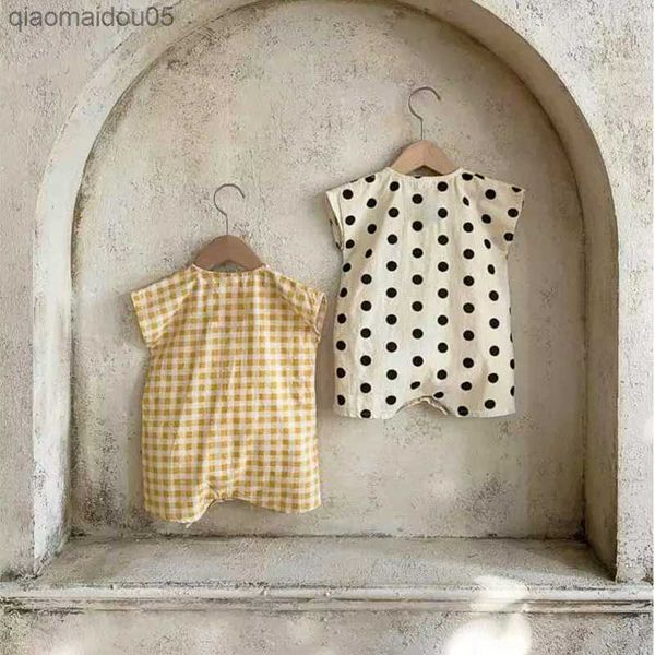 

kids summer thin polka dot sleeveless romper boys air-conditioned jumpsuit girls new plaid cute cotton rompers onesie clothes l230712, Blue