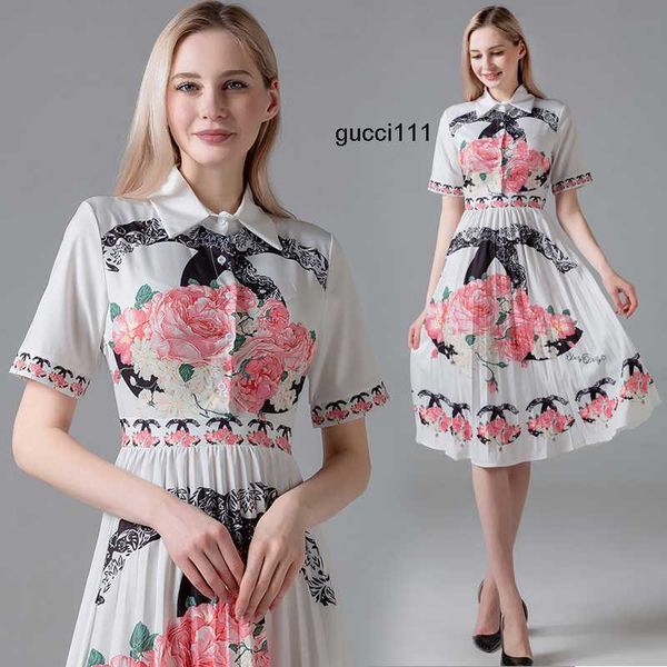 

casual channel ccity new summer runway women fashon lapel pleated shirt dress elegant ladies floral print office slim button short sleeve dr, Black;gray