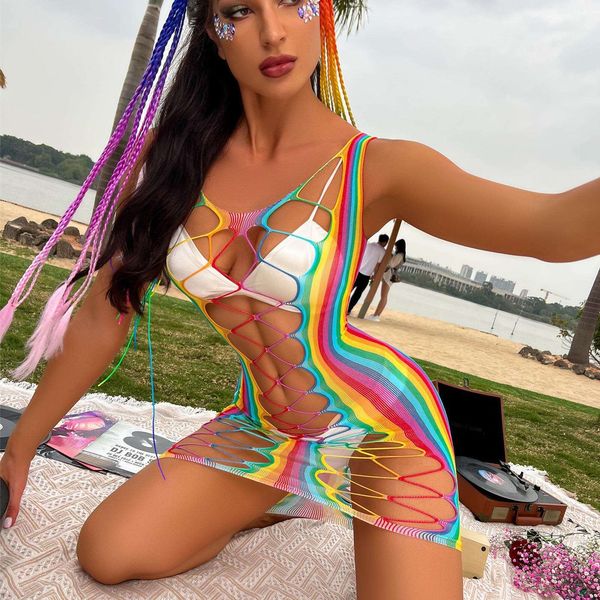 

non take off big mesh rainbow color hollowed out striped lingerie for women summer beach bikini overalls dress, Black;gray