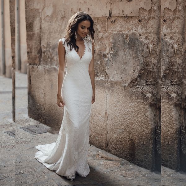 

white lace backless mermaid wedding dress v neck simple wedding gown lager size bride women dresses