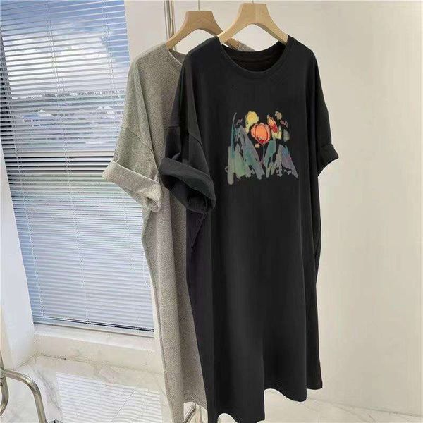 

fat girl summer korean style loose large size split knee length t shirt long skirt short sleeved dress womens wear, Black;gray