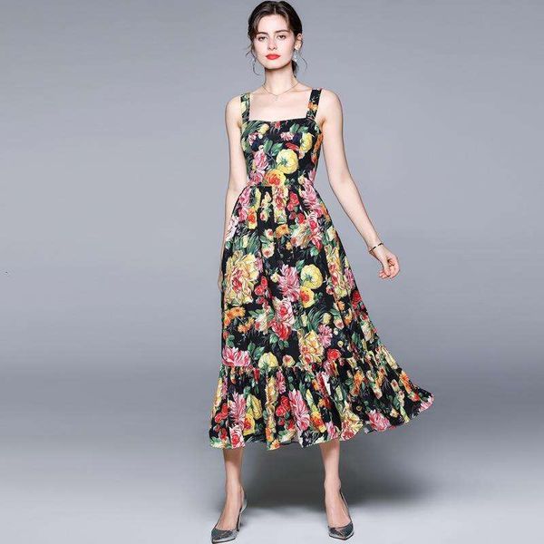 

summer catwalk womens temperament long dress slim strap print, Black;gray