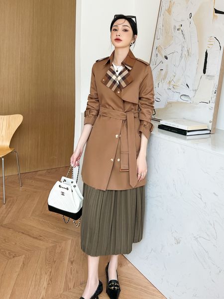 

high-quality women's windbreaker plaid collar splicing coat loose version double-breasted button mid-length coat englands-2xl, Tan;black