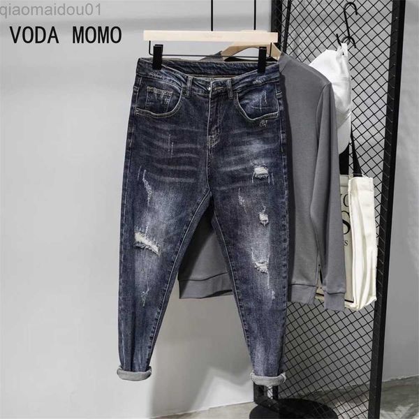 

men's jeans spring summer new men patchwork jeans ripped hole slim fashion streetwear high-quality washed vintage male denim trousers l, Blue