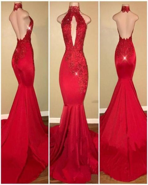 

red halter keyhole satin mermaid long prom dresses lace applique beaded backless sweep train evening gowns formal party dresses7928730, Black