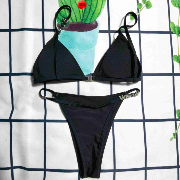 

ladies letter wang bikini set fashion women's swimsuit simple strap biquini casual thin slim beachwear with waist, White;black