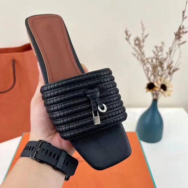 

latest loro piana women brand sandals designer slippers flat flip flops crocodile skin slide ladies beach sandal summer with box, Black