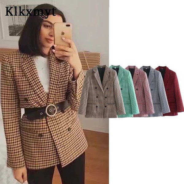 

women's suits blazers klkxmyt traf blazer women 2023 autumn houndstooth double breasted blazers coat vintage long sleeve street female, White;black