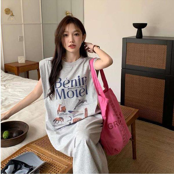 

summer korean sleeveless lazy print long dress womens loose knee length vest casual, Black;gray