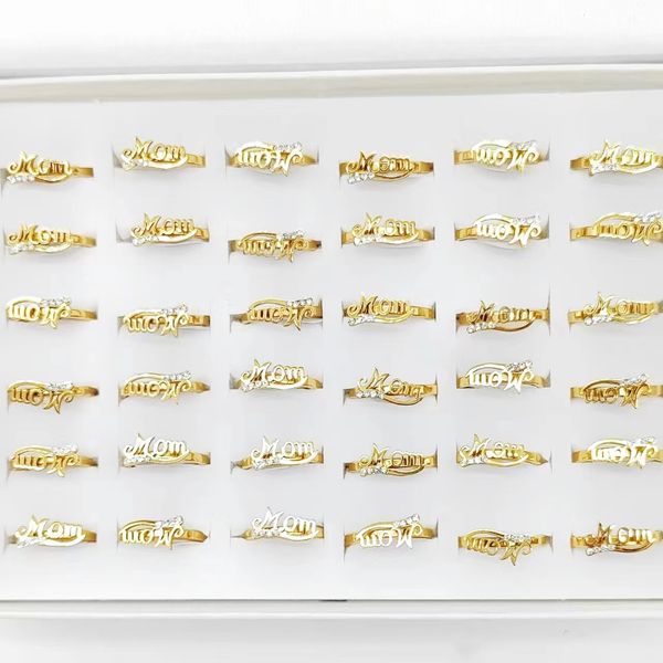 

20/30/50pcs trendy romantic stainless steel gold plated fashion women mom letter ring party accessory birthday gift charm jewelry wholesale, Slivery;golden