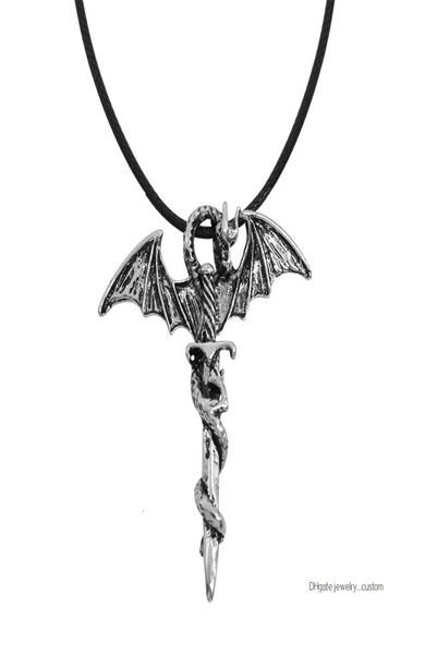 

vintage punk dragon sword charm pendant necklace cross animal wings leather chain necklaces cool men jewelry collar4341389, Silver