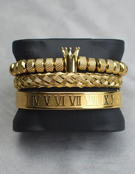 

titanium stainless steel charm bracelet 3pcsset braided roman numeral crown lovers bracelets for women men luxury jewelry valenti7183859, Golden;silver
