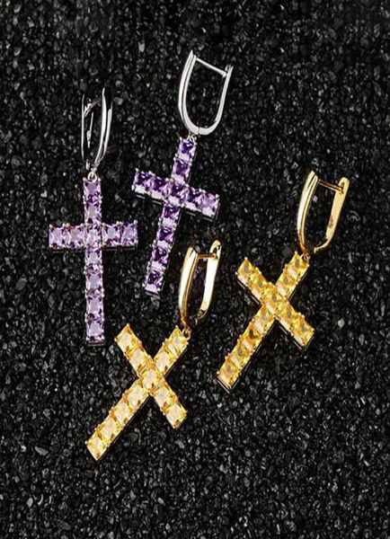 

1 pair casual cross shape drop earrings micro pave cubic zircon earring men women purple gold silver yellow colors cross drop earr2692525, Golden;silver