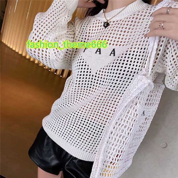 

women's t-shirt 2023 hollow out girls knitwear women embroidery letter loose thin long sleeve fashion pullover, White