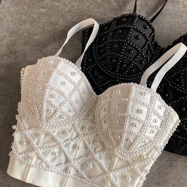 

women's tanks camis full beads female corset nightclub pearls short chest binder camisole women mujer push up tube bra debardeur 230724, White
