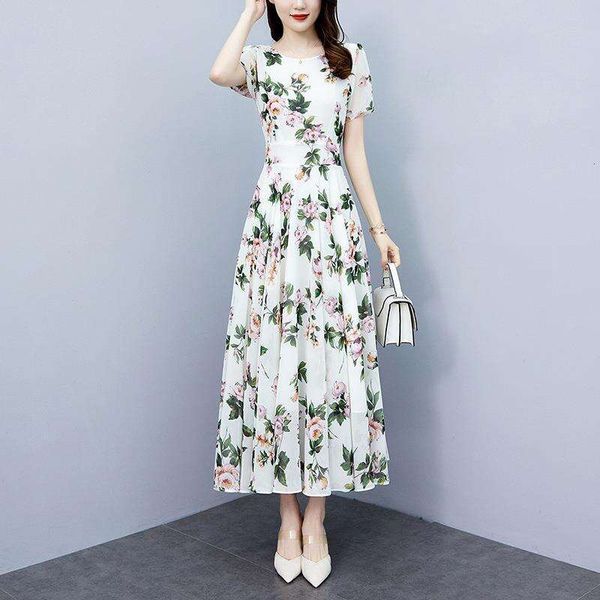 

summer style chiffon floral dress large size fat mm fashionable waist slim short sleeve long for women, Black;gray