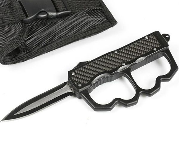 

offer special knuckle duster auto tactical knife 440c double edge black blade alloy carbon fiber handle outdoor survival knives1159126