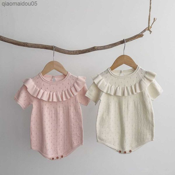 

adorable infant girls knit lace romper soft cozy newborn baby sweatshirt summer toddler short sleeve jumpsuit bebes outfits l230712, Blue