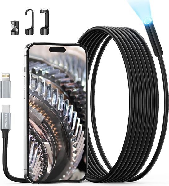 

endoscope camera for iphone, teslong usb-c borescope inspection camera with 8 led lights, 10ft flexible waterproof snake camera for ios andr