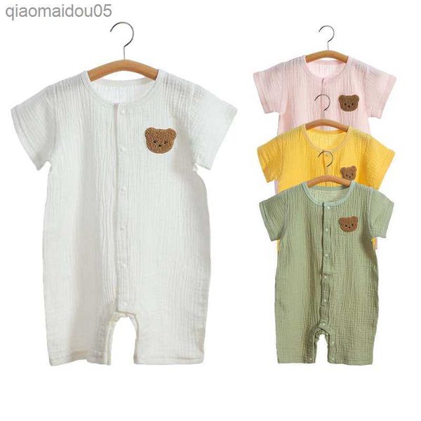 

2023 korean baby romper muslin short sleeves jumpsuit for girls boys cute bear one-pieces clothing newborn summer thin bodysuits, Blue