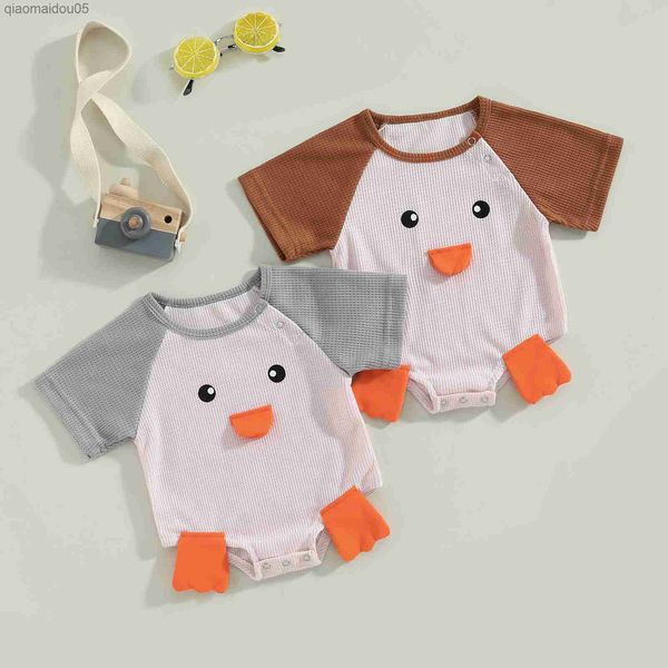 

focusnorm 0-18m lovely baby boy girl rompers color patchwork short sleeve cartoon duck printed jumpsuits clothes l230712, Blue