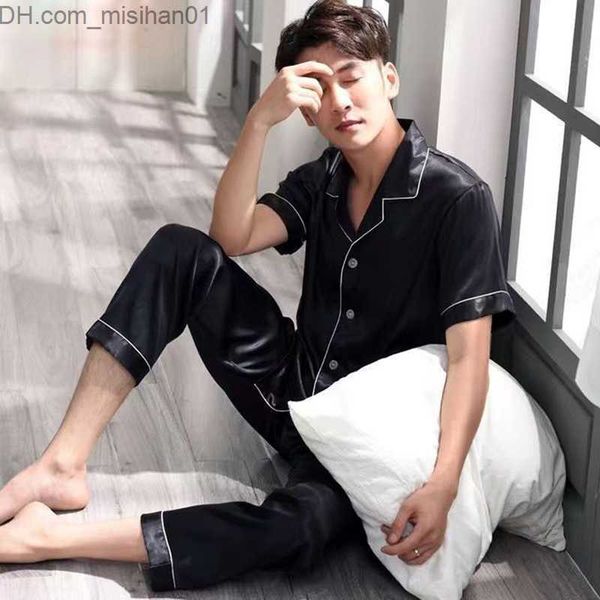 

men's sleepwear summer solid silk men's short sleeved pajamas pants lounge men's pajamas evening dress satin men's pajam, Black;brown
