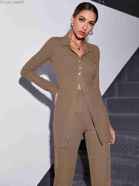 

women's two piece pants 2023 autumn knitted sweater 2 pieces/set women's elegant elastic pants set women's rib single breaste, White