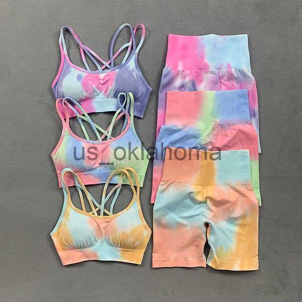

yoga outfit tie dye two piece set yoga set summer high waist stretch gym shorts seamless padded yoga bra workout suits sports wear femme j23