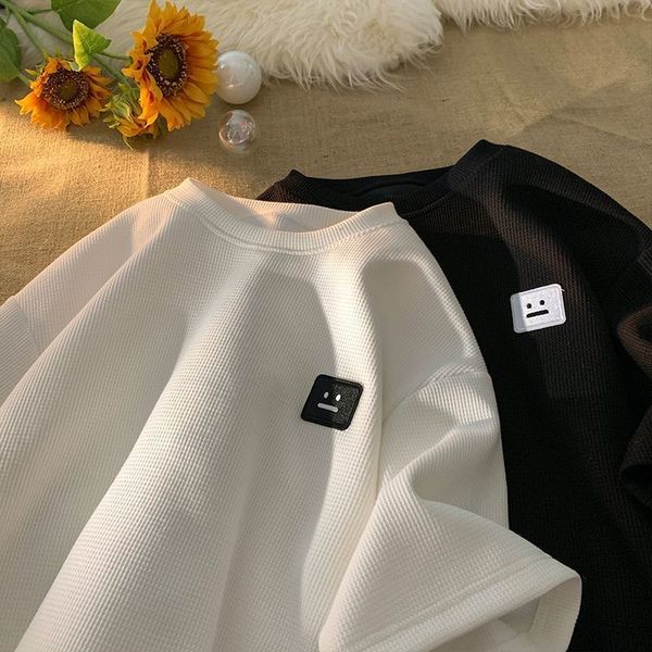 

men's casual shirts american summer personalized men and women waffle retro loose relaxed couple fashion hip hop short sleeve tshirt ha, White;black