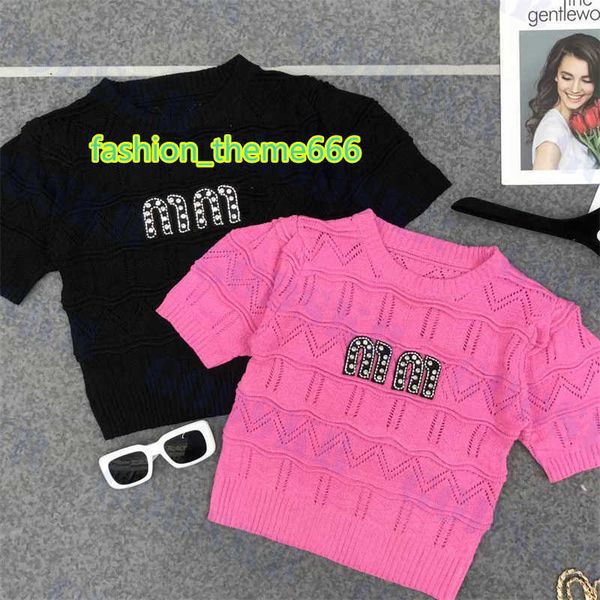

women's t-shirt rhinestone letter t shirt womens designer knitted tees hollow sweater multi color, White