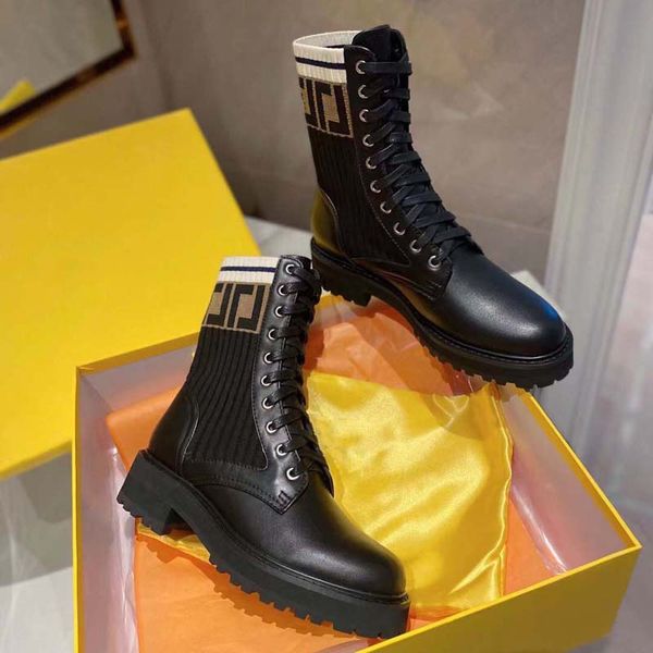 

designer boots letter knitted mid sleeve short boots spring and autumn fine heel high heel cowhide boots pointed head slim leg elastic boots, Black