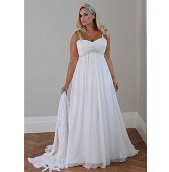 

plus size summer style new wedding dresses draped crystal spaghetti straps chiffon long beach bridal gowns pleats casual custom ma2130336, White