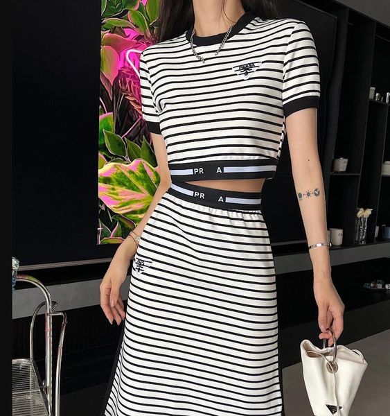 

two piece dress spring summer fashion stripe short ribbon skirt casual set, White
