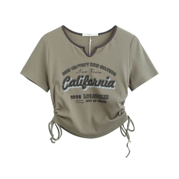 

womens tshirt drawstring y2k t shirt women letter crop americal retro short sleeve tees korean graphic slim summer tshirts 2000s clothes 230, White