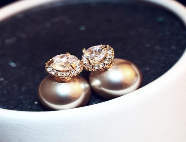 

new korean exquisite fashion twocolor pop pearl earrings wear doublesided highend champagne pearl earrings super flash zircon e4390559, Golden;silver