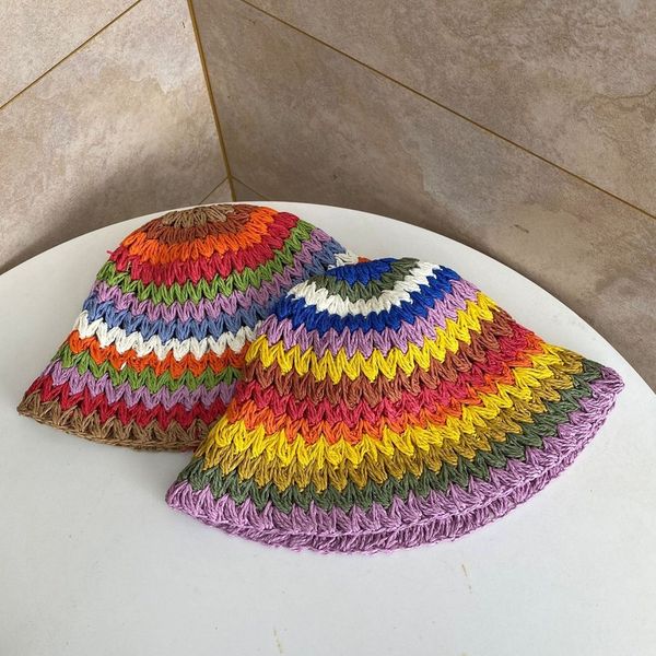 

wide brim hats bucket hats womens straw hat rainbow crochet hand-made panamas uv protection sun visor beach hats women visors foldable summe, Blue;gray