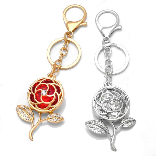 

crystal rose keychain metal flower diamond keychain bag decorative pendant keyring key chains, Silver